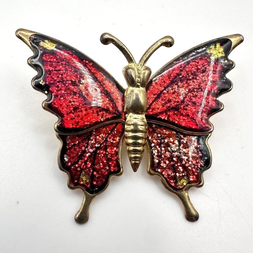 Vintage 80s 90s Red Enamel Glitter Butterfly Brooch Gold Tone Animal Nature Pins